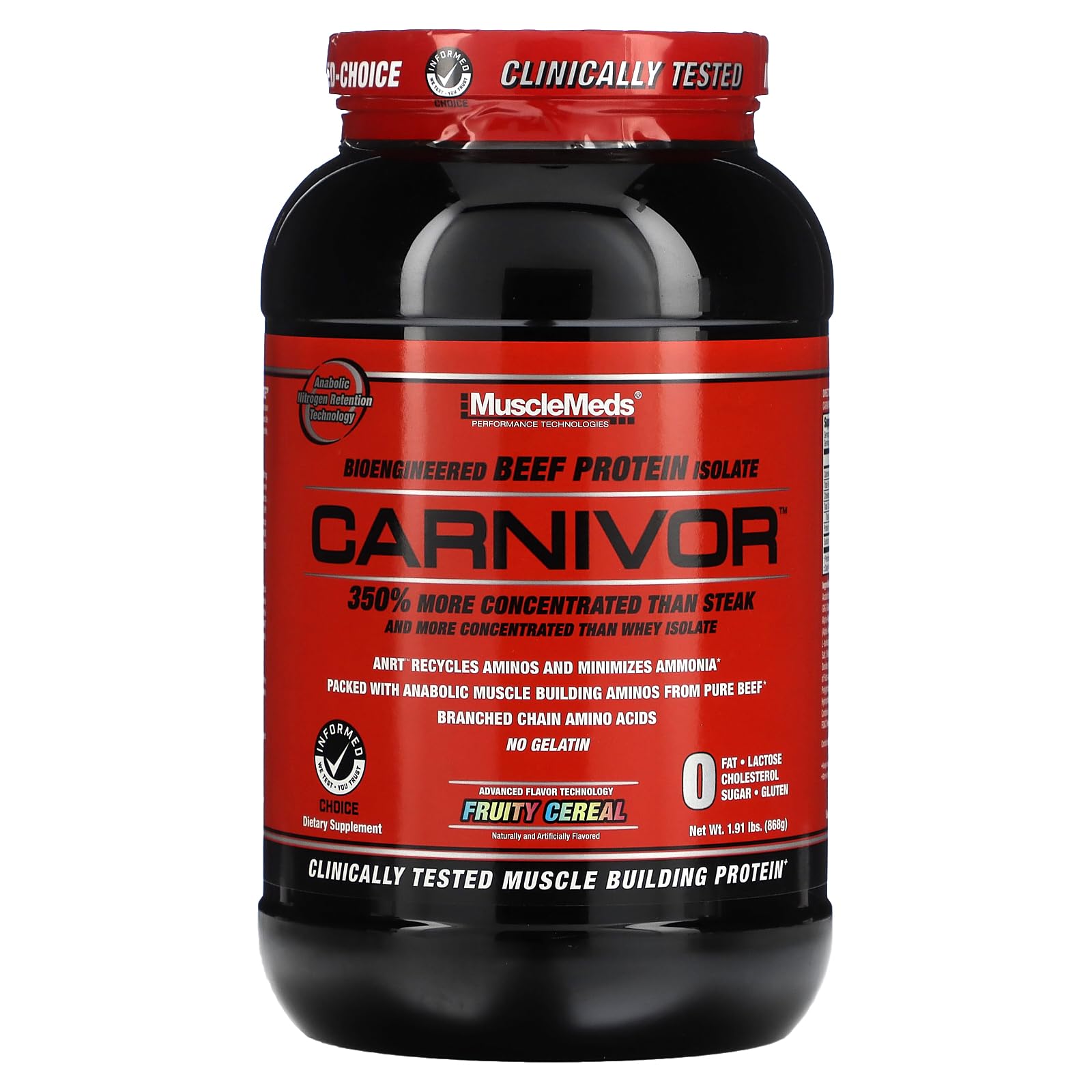 MuscleMeds Carnivor bottle highlighting 23g beef protein per serving.