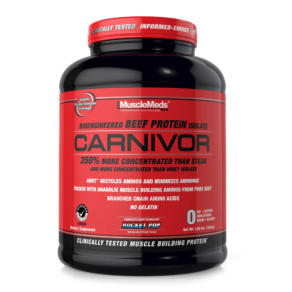 MuscleMeds Carnivor bottle shows beef protein isolate for lean muscle support.