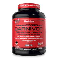 MuscleMeds Carnivor bottle shows beef protein isolate for lean muscle support.