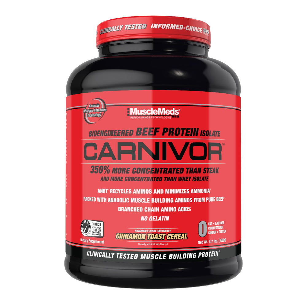 MuscleMeds Carnivor label front shows cinnamon toast flavor for muscle support
