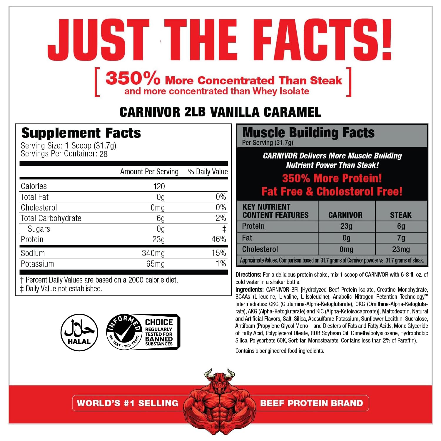 MuscleMeds Carnivor Beef Protein Isolate packaging highlights lactose- and sugar-free formula.