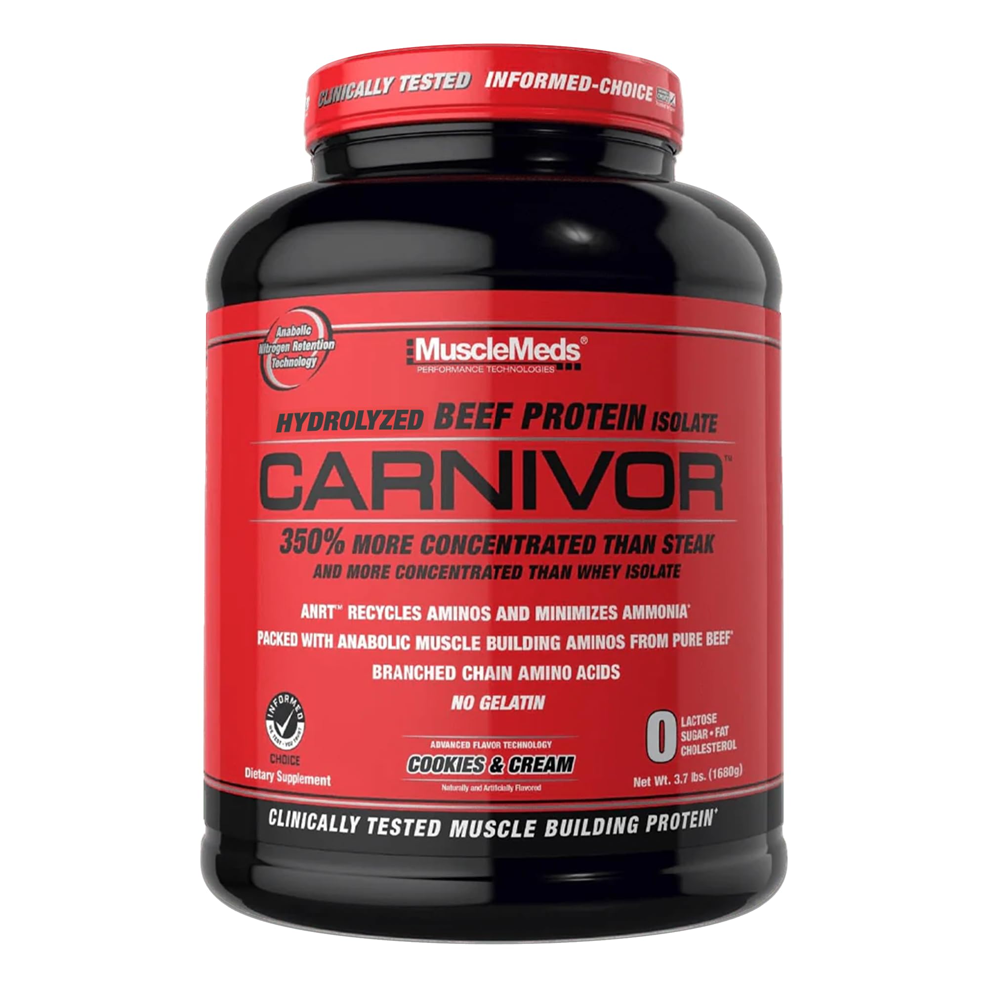 MuscleMeds Carnivor beef protein isolate powder tub in cookies and cream flavor, ideal for post-workout shakes.