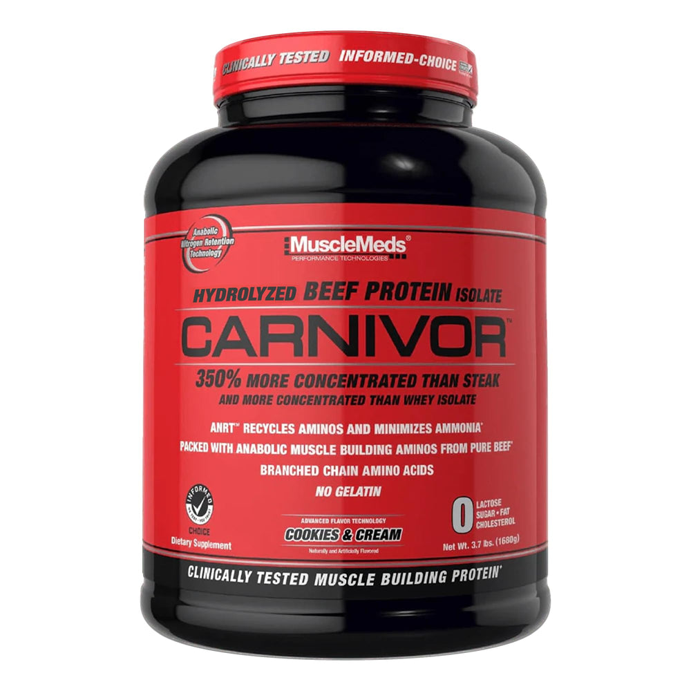 MuscleMeds Carnivor beef protein isolate powder tub in cookies and cream flavor, ideal for post-workout shakes.
