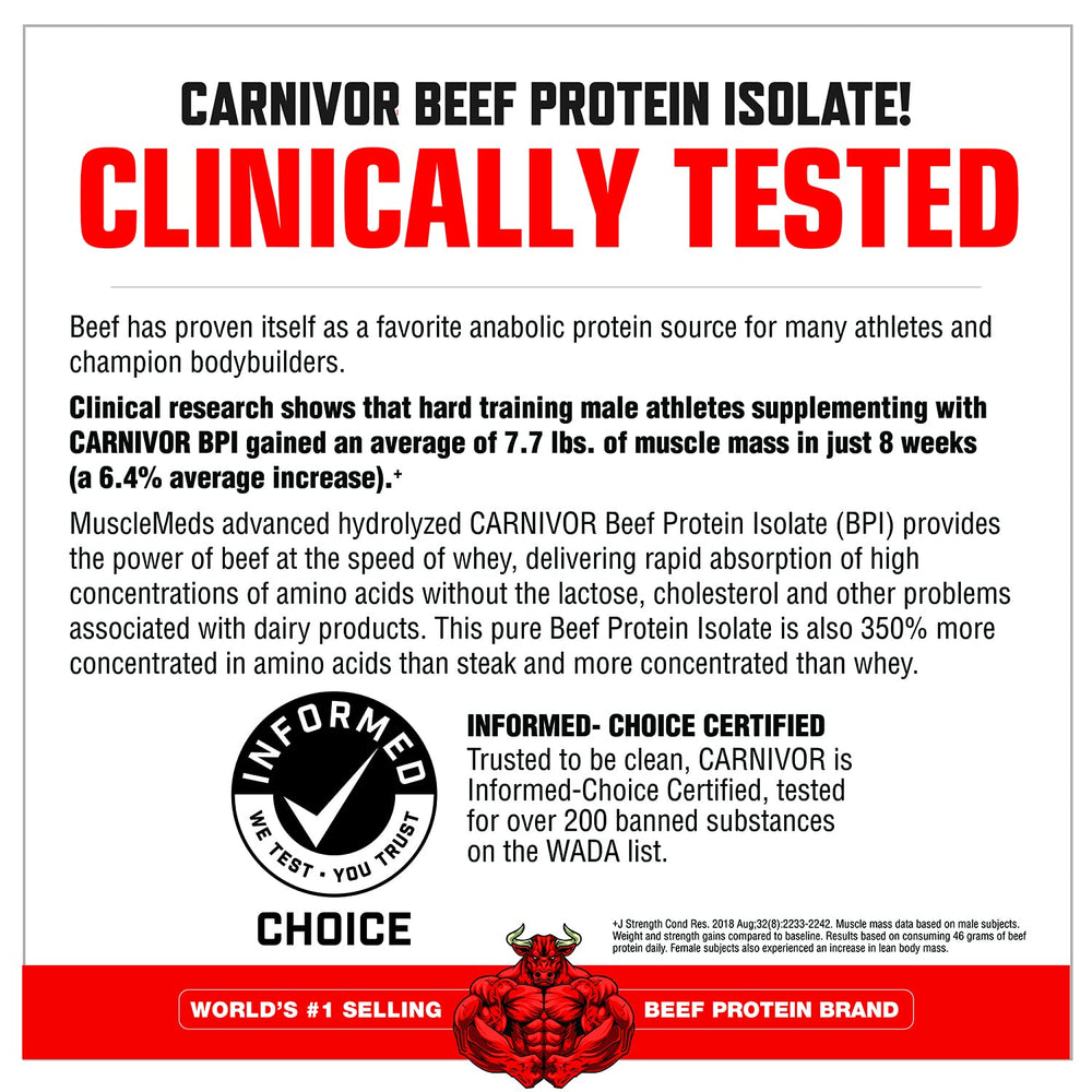 MuscleMeds Carnivor scoop shows convenient 23g protein boost for meals.