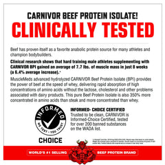 MuscleMeds Carnivor scoop shows convenient 23g protein boost for meals.