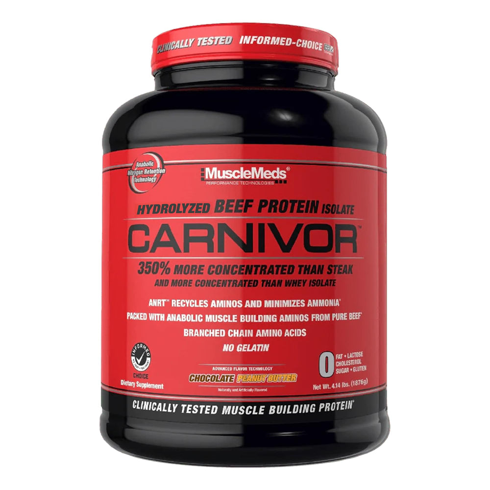 MuscleMeds CARNIVOR beef protein powder tub for lean muscle support and faster recovery.