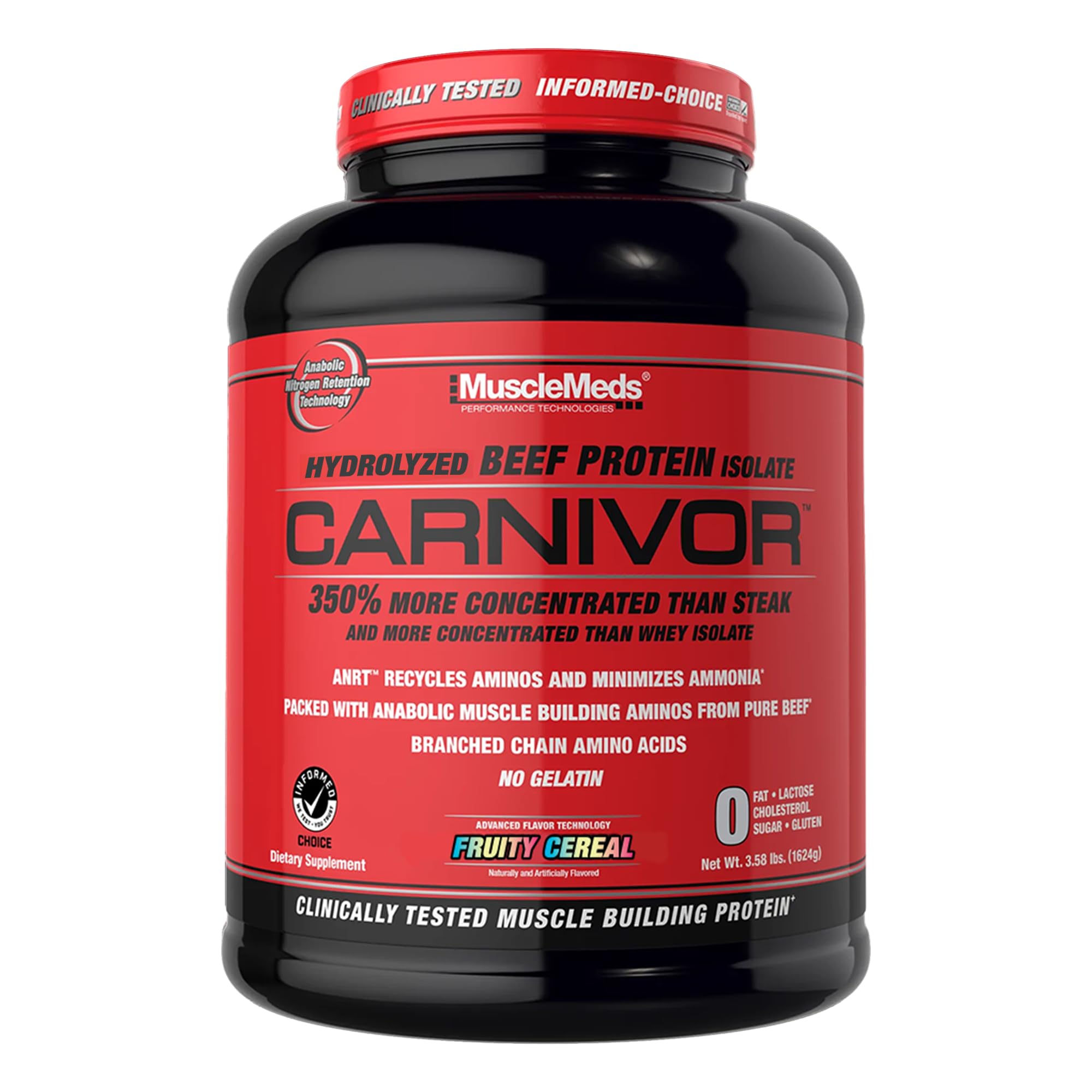 MuscleMeds Carnivor protein tub shows 23g beef protein per serving for muscle support.