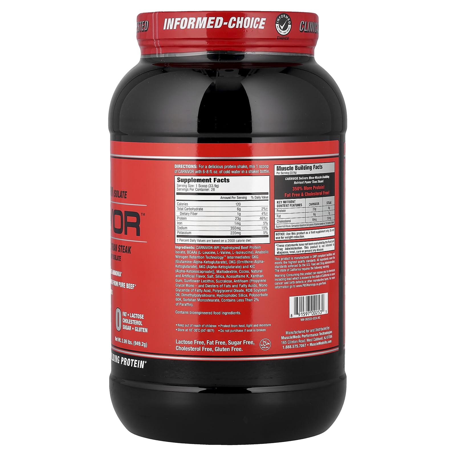 MuscleMeds Carnivor scoop with protein powder for easy post-workout fueling.
