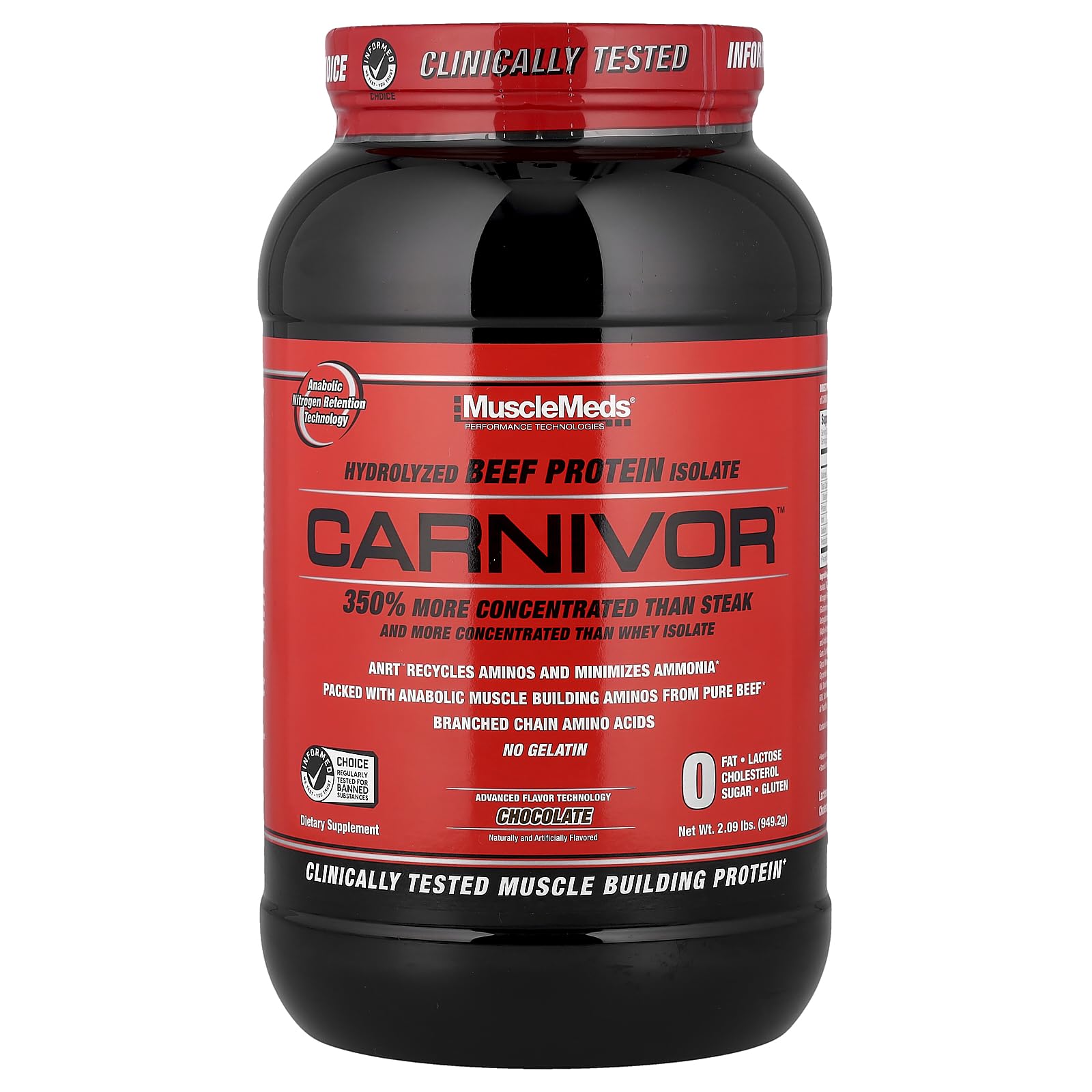 MuscleMeds Carnivor beef protein tub front view for convenient muscle support.