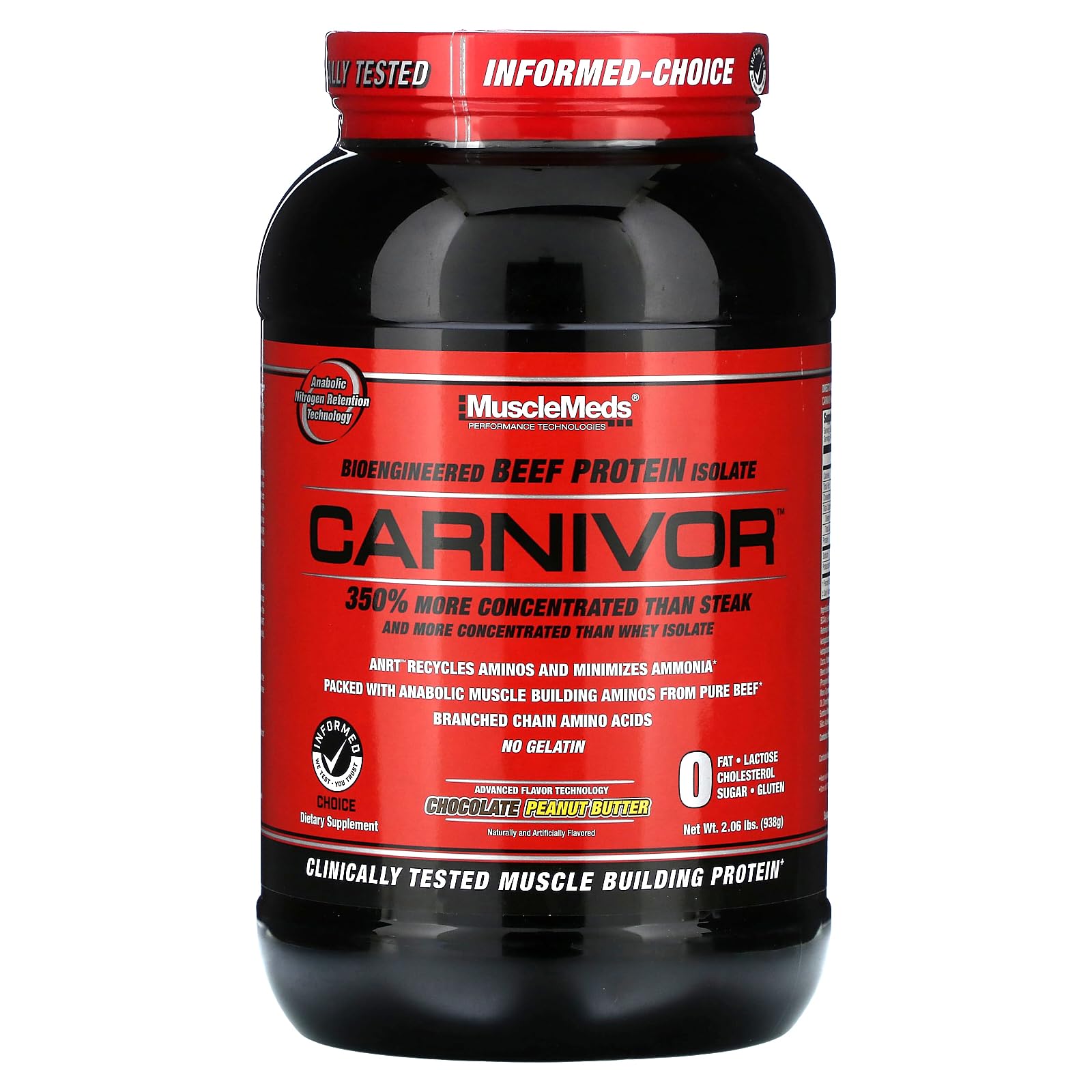 MuscleMeds Carnivor bottle on display, 28 servings, zero sugar.