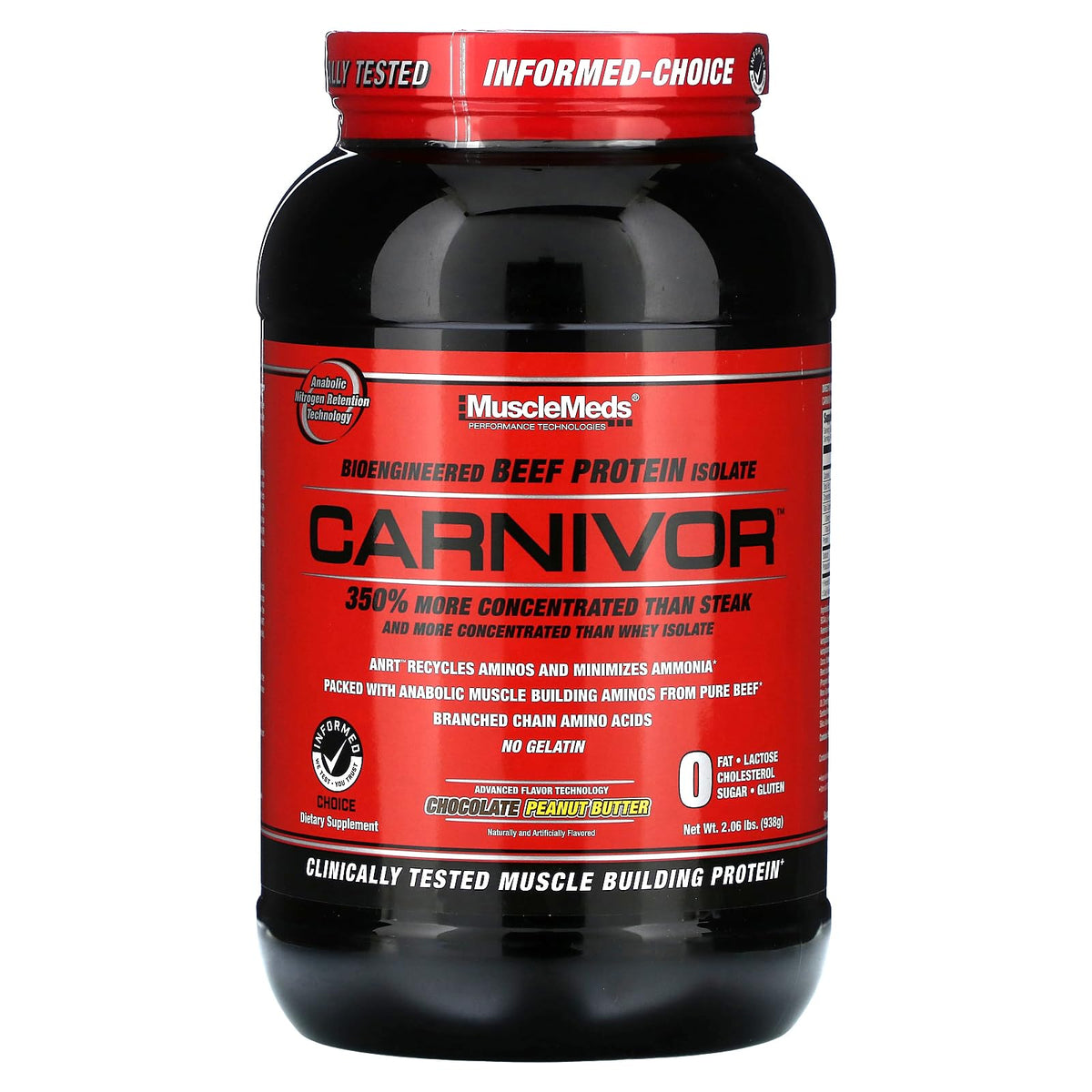 MuscleMeds Carnivor bottle on display, 28 servings, zero sugar.