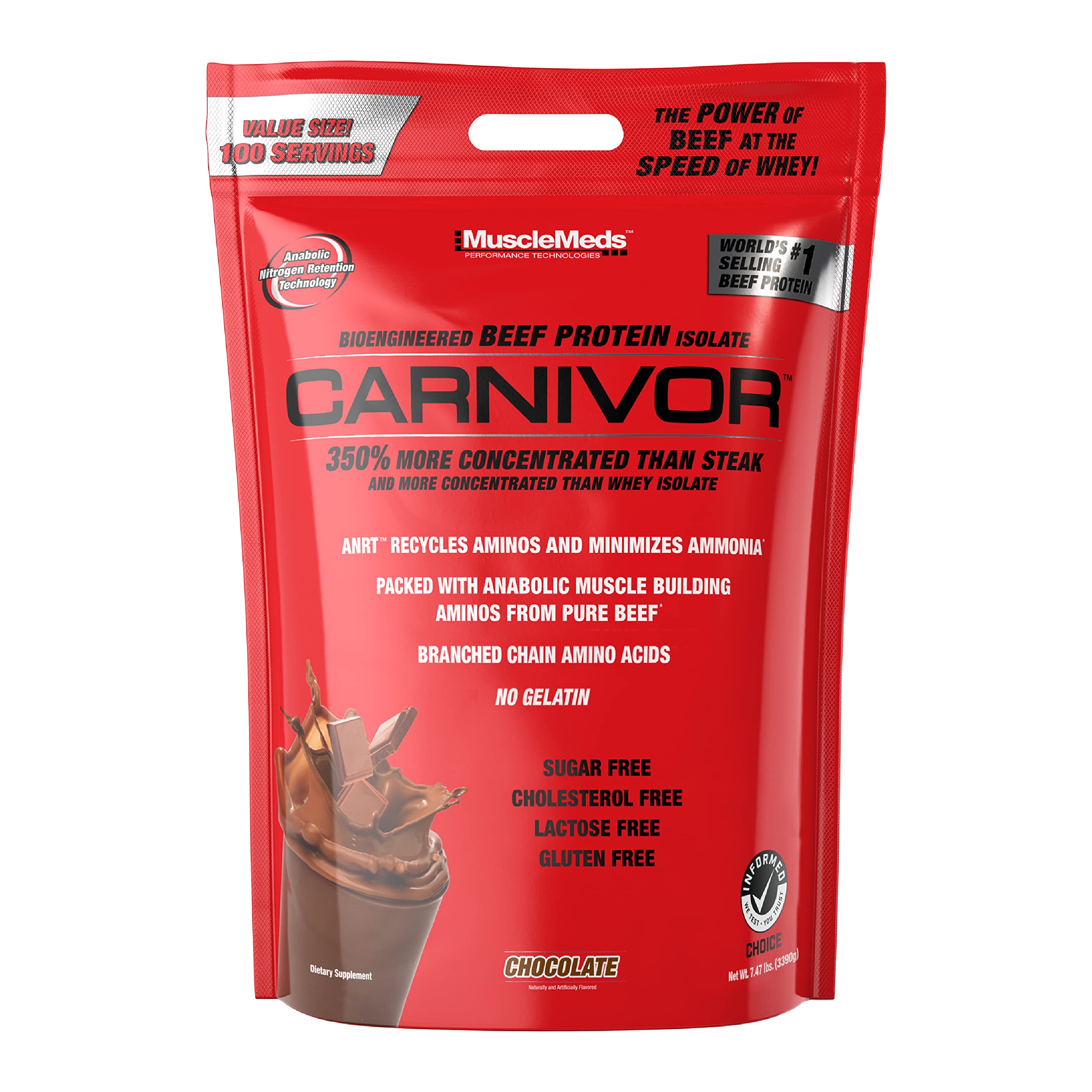 MuscleMeds Carnivor front view tub in chocolate—beef protein isolate.