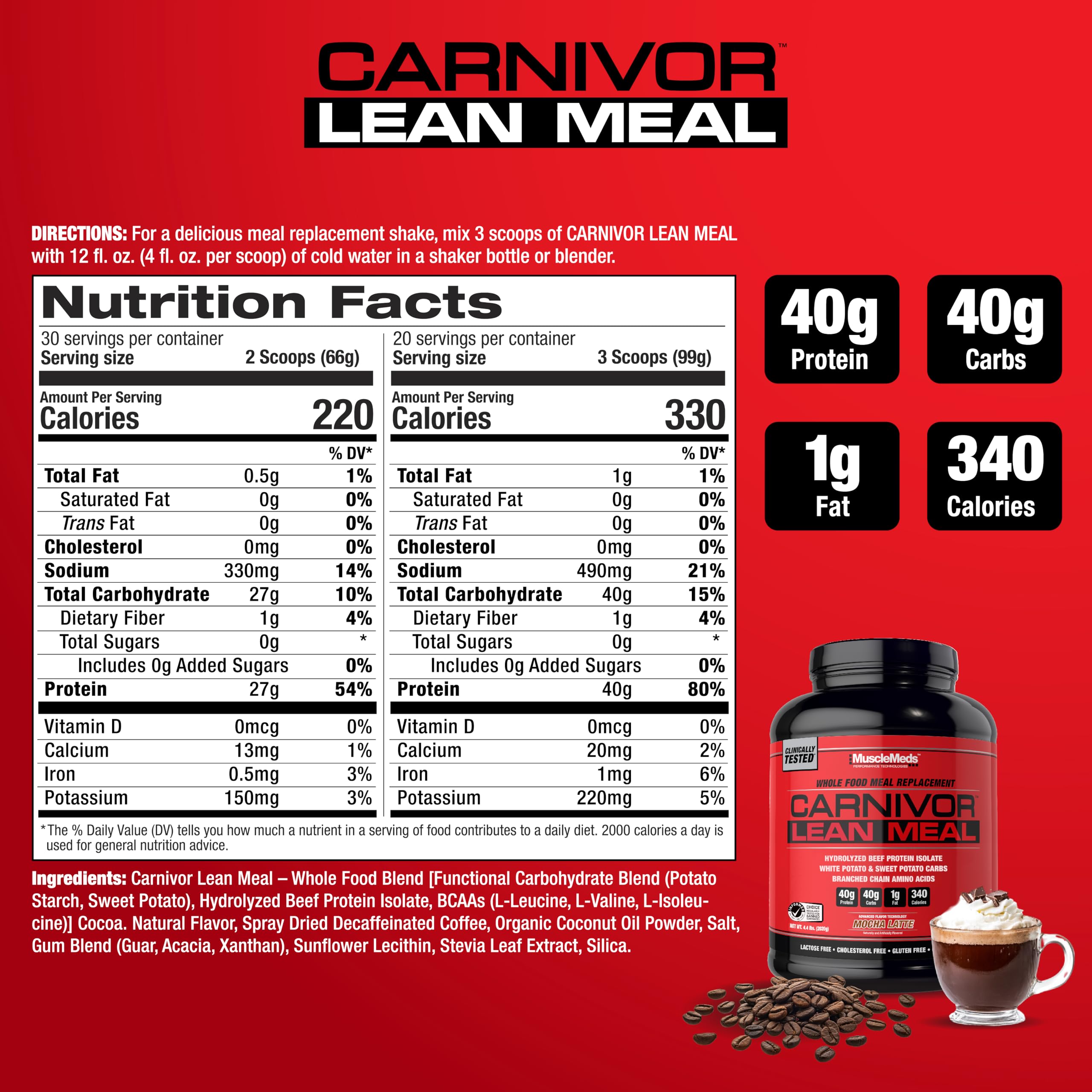 MuscleMeds Carnivor Lean Meal mocha latte shake poured into a glass for post-workout convenience.