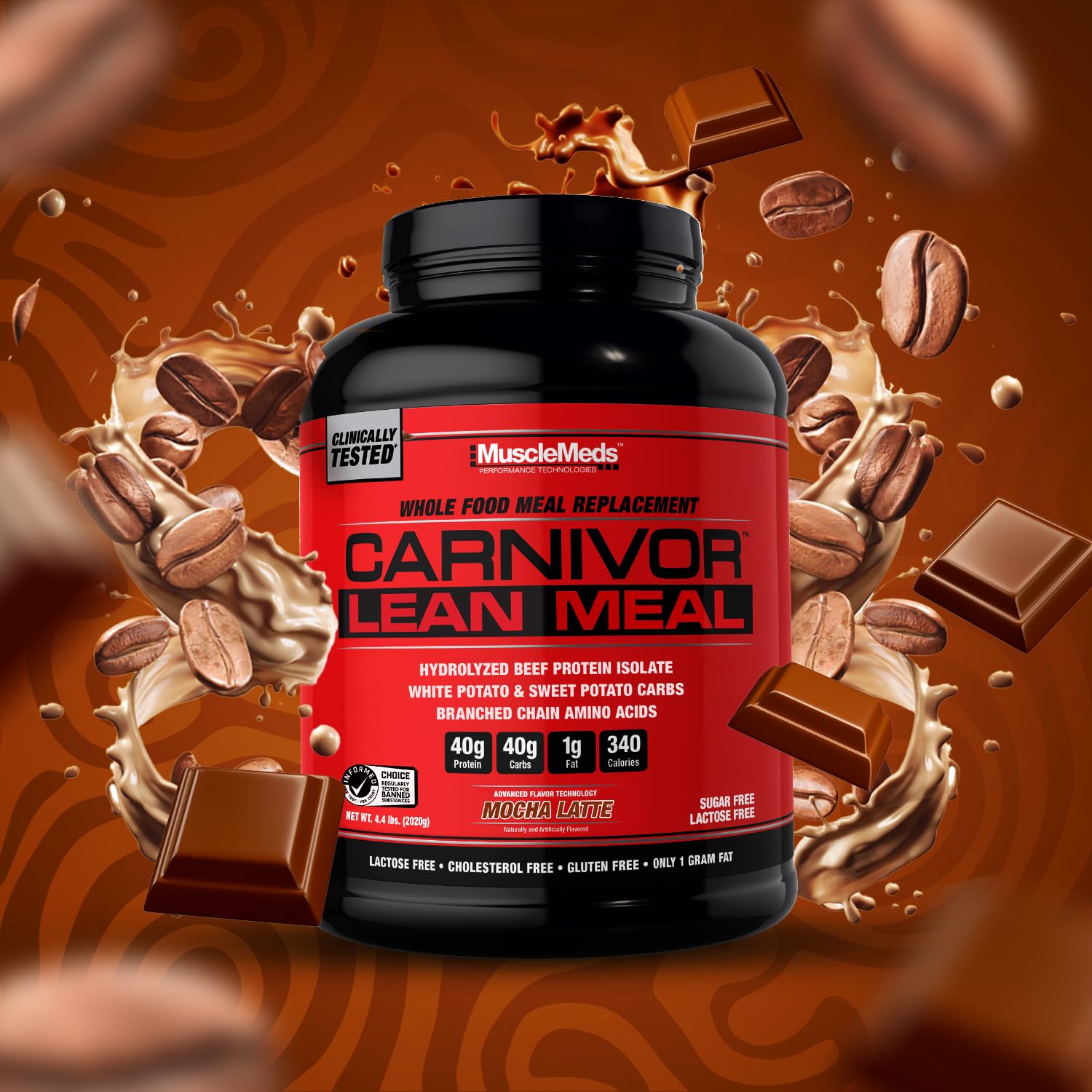 MuscleMeds Carnivor Lean Meal mocha latte ready cup for fueling workouts.