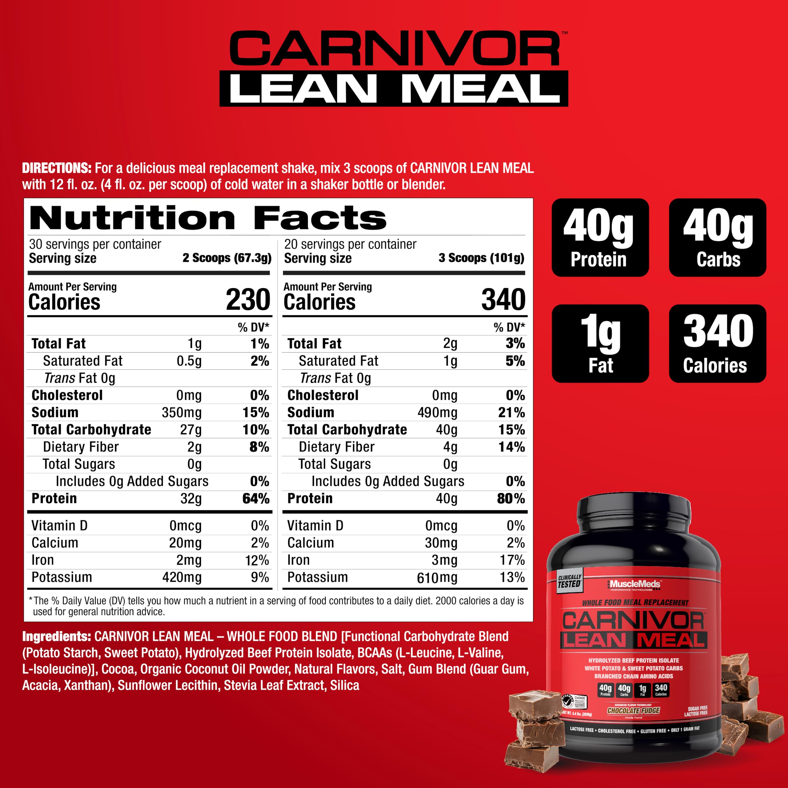 MuscleMeds Carnivor Lean Meal shake highlighting white potato source