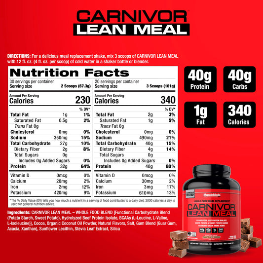 MuscleMeds Carnivor Lean Meal shake highlighting white potato source