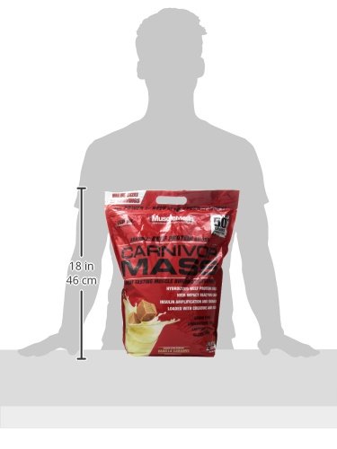 Back label info for MuscleMeds Carnivor Mass shows allergen and supplement details.