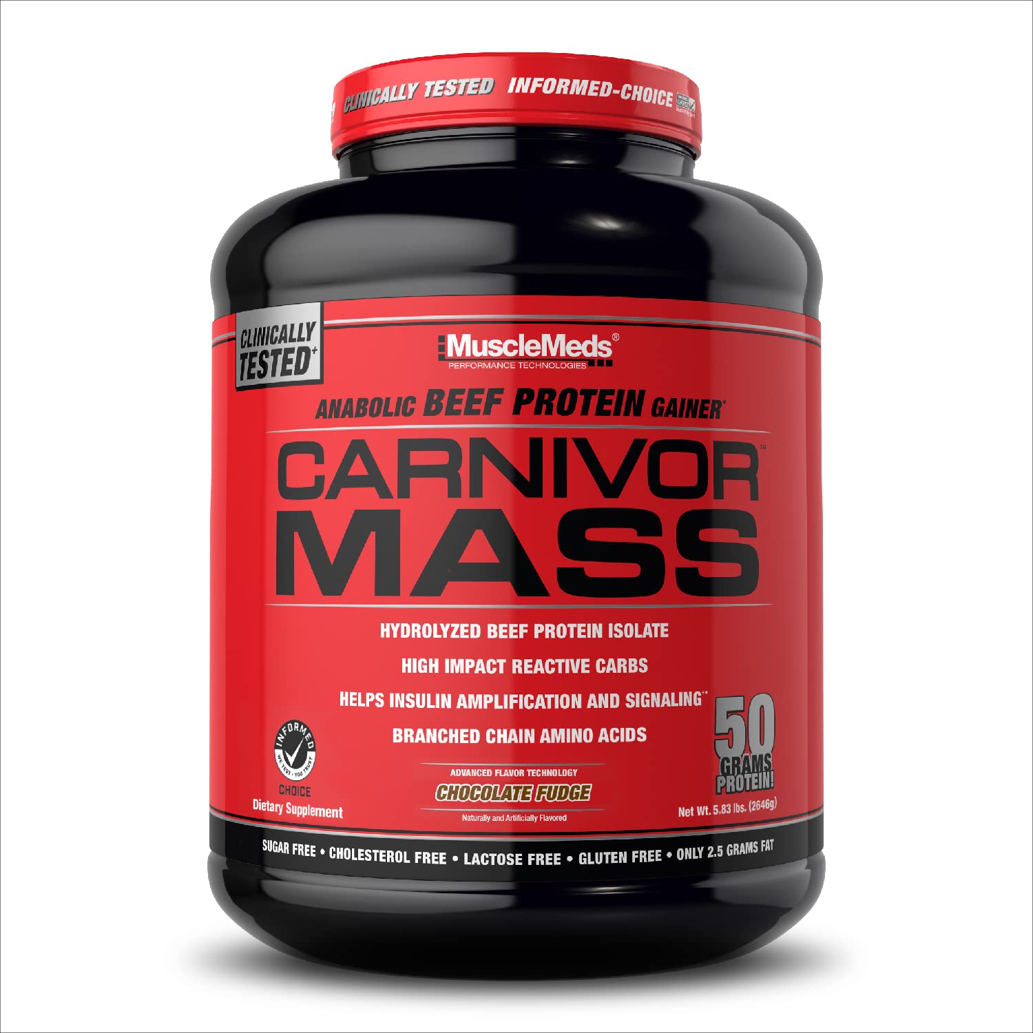 MuscleMeds Carnivor Mass front label showing 50 g protein per serving.