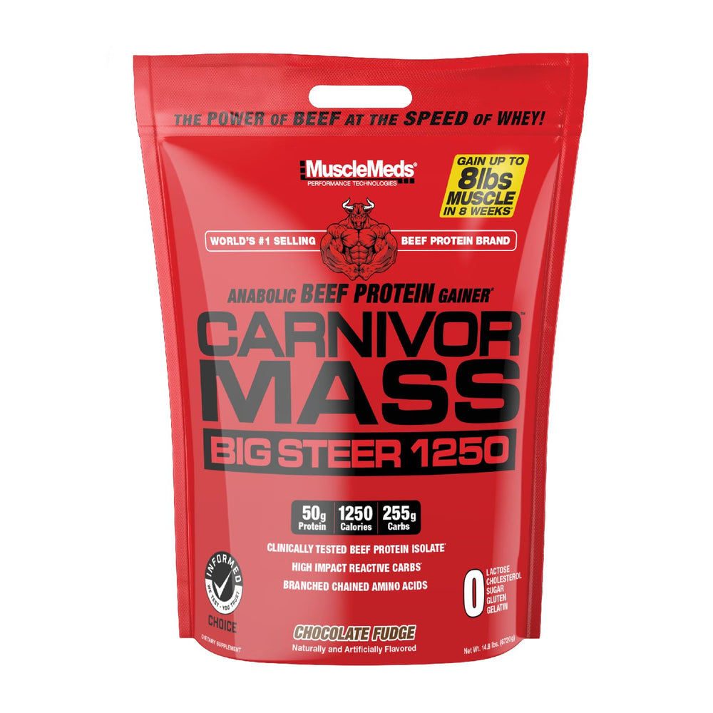 MuscleMeds Carnivor Mass bottle shown for reliable mass gain support.