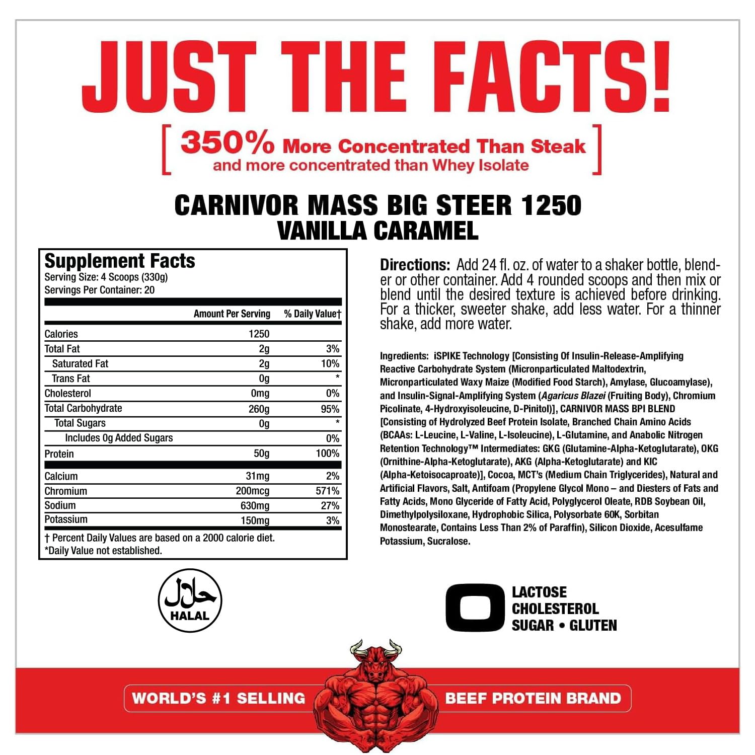 MuscleMeds Carnivor Mass Big Steer label closeup with calories highlighted