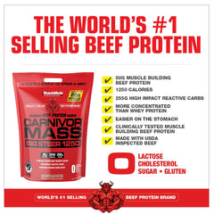 MuscleMeds Carnivor Mass nutrition label highlights protein and carb content.