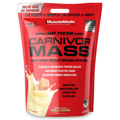 MuscleMeds Carnivor Mass bottle with vanilla caramel fuels workouts and recovery.
