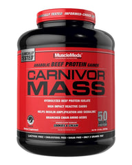 MuscleMeds CARNIVOR Mass Gainer front label highlighting beef protein isolate benefits for lean gains.