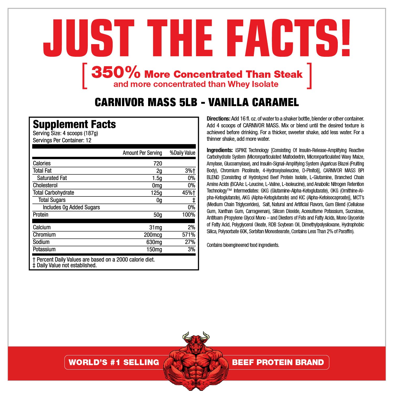 Close-up of Carnivor Mass label highlighting high protein and lactose-free appeal