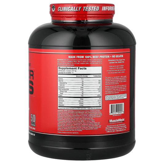 MuscleMeds Carnivor Mass scoop beside tub for easy mixing.