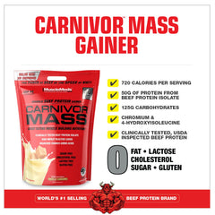 Scoop and serving spoon with MuscleMeds Carnivor Mass powder ready to mix.