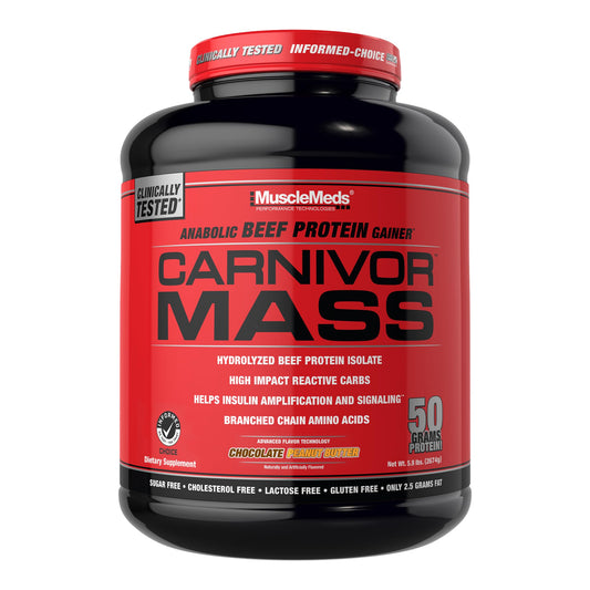 MuscleMeds CARNIVOR Mass shake ready to fuel workouts with fast amino delivery.