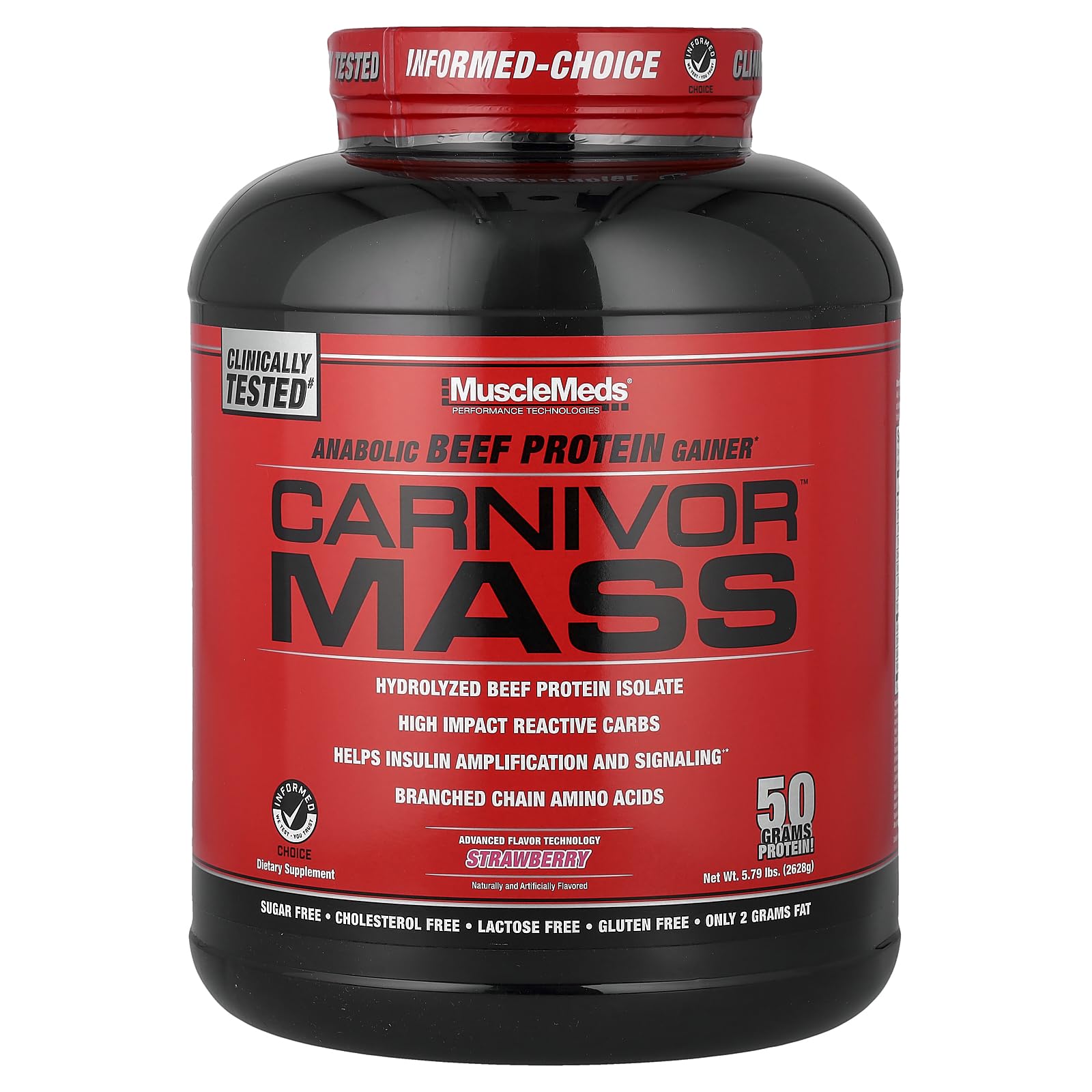 MuscleMeds Carnivor Mass beef protein tub with strawberry flavor.