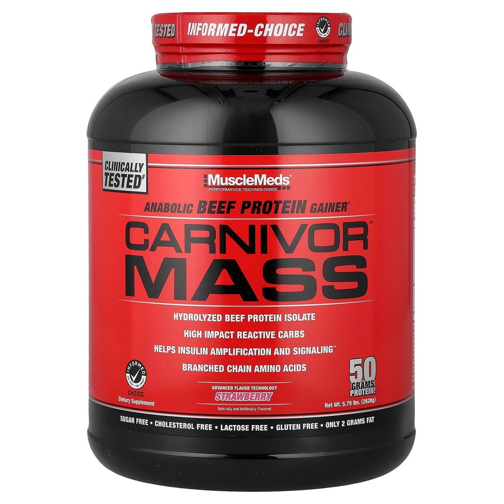 MuscleMeds Carnivor Mass beef protein tub with strawberry flavor.