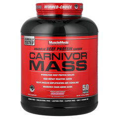 MuscleMeds Carnivor Mass beef protein tub with strawberry flavor.