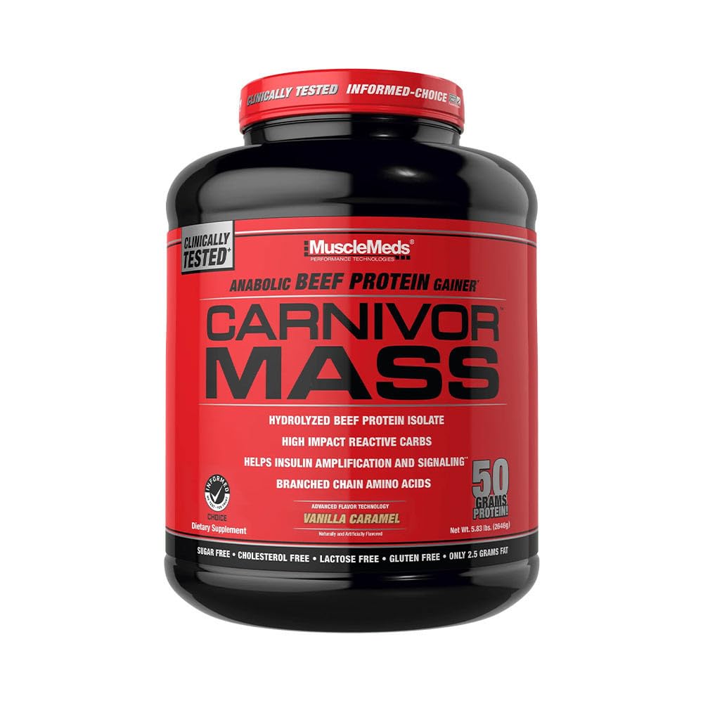 MuscleMeds Carnivor Mass Vanilla Caramel bottle highlighting high protein beef gainer for lean gains