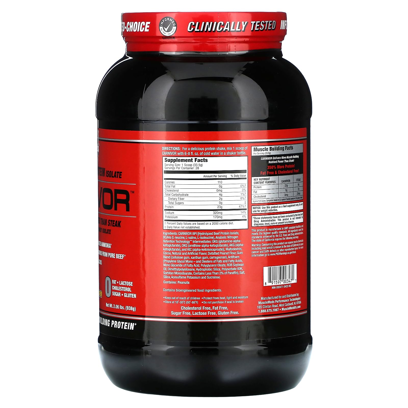 Carnivor powder scoop emphasizes beef protein isolate for lactose-free shakes.