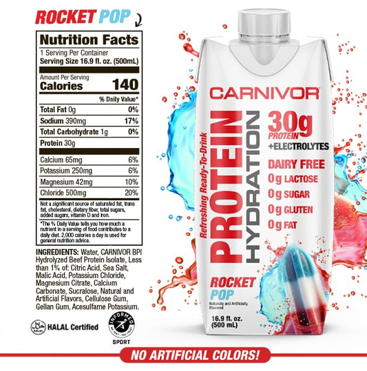 MuscleMeds Carnivor Rocket Pop side view highlights convenient ready-to-drink nutrition after workouts.