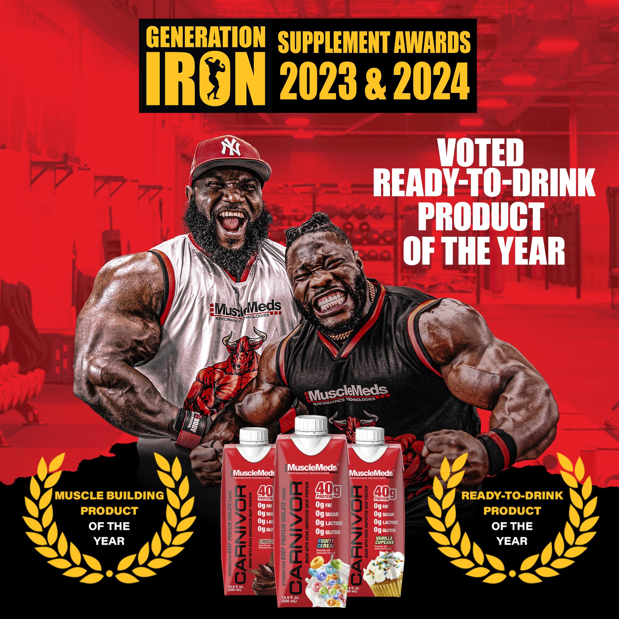 MuscleMeds Carnivor RTD pour-ready bottle supports post-workout use.