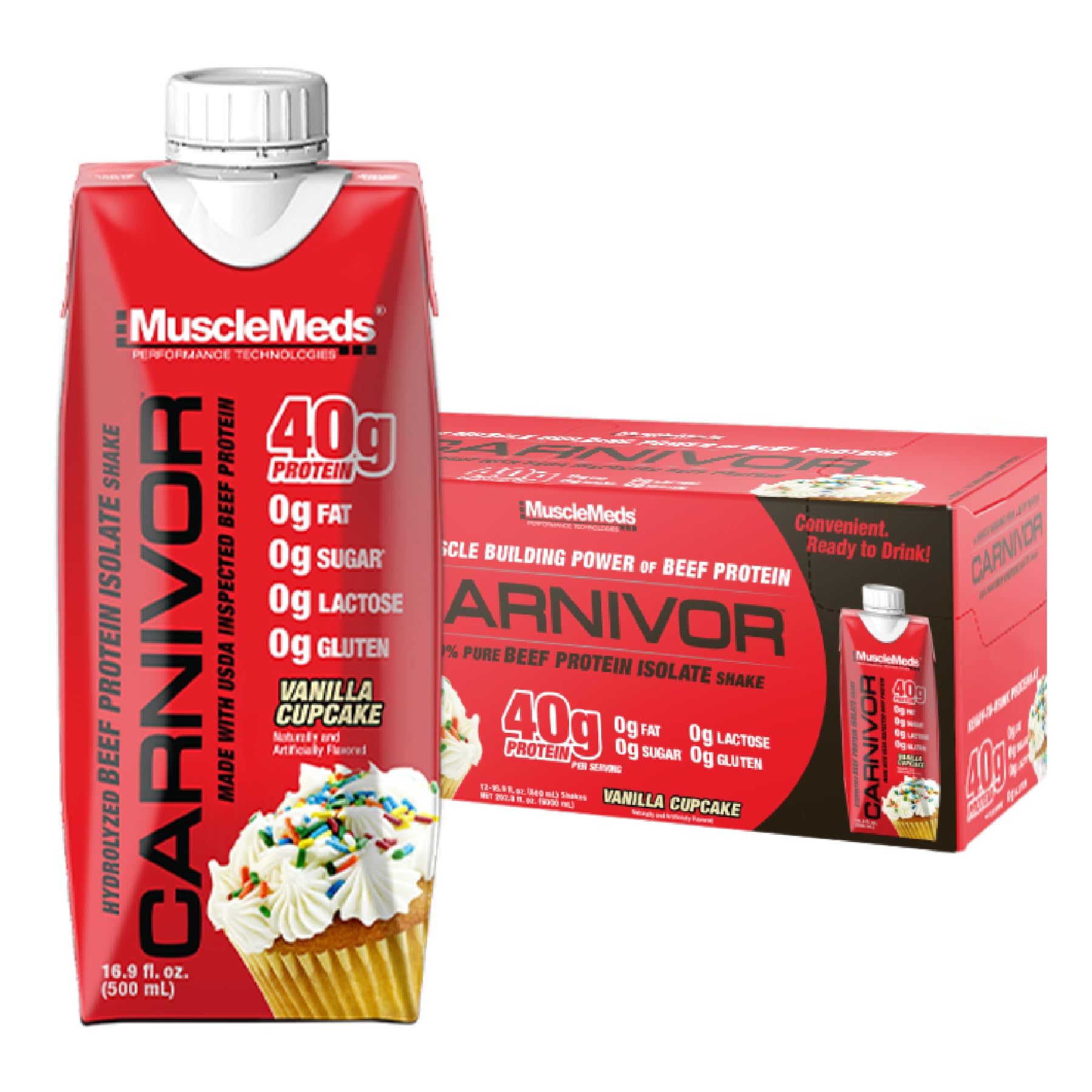 MuscleMeds Carnivor RTD vanilla cupcake bottle highlights lactose-free protein on the go