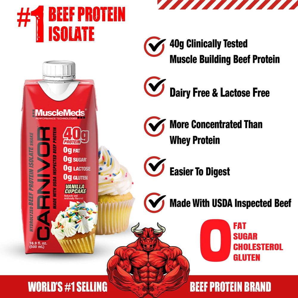 Label of Carnivor RTD vanilla cupcake emphasizes beef protein isolate