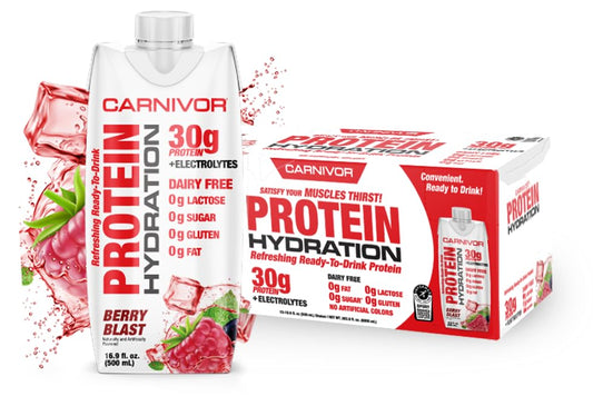 MuscleMeds Carnivor RTDD Berry Blast bottle highlights lactose-free protein for training days