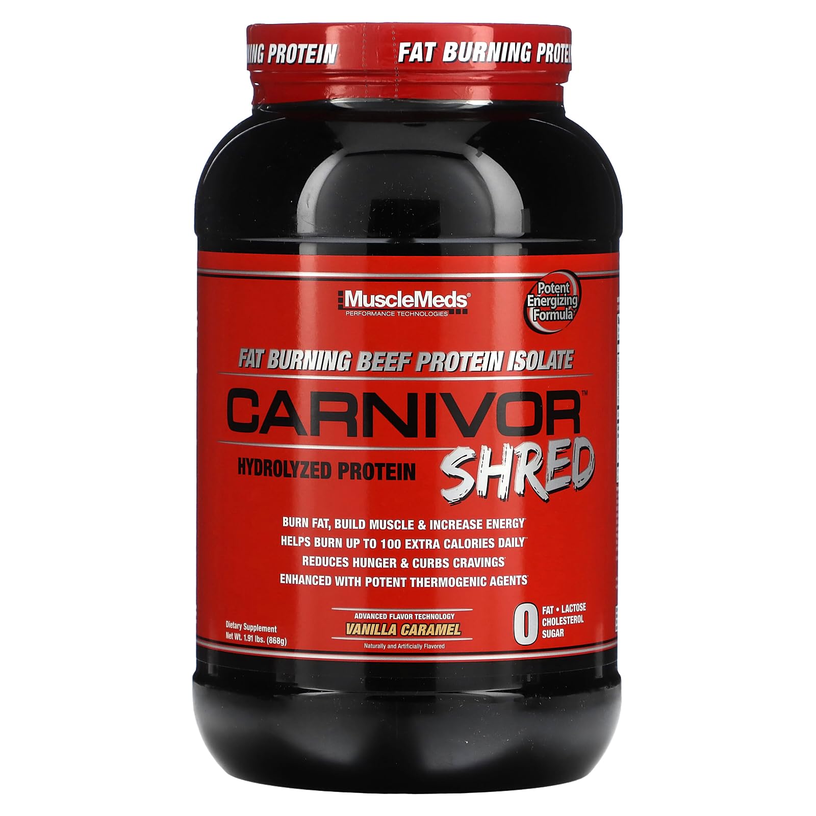 MuscleMeds Carnivor Shred beef protein bottle promoting lean muscle and fat-burning potential.