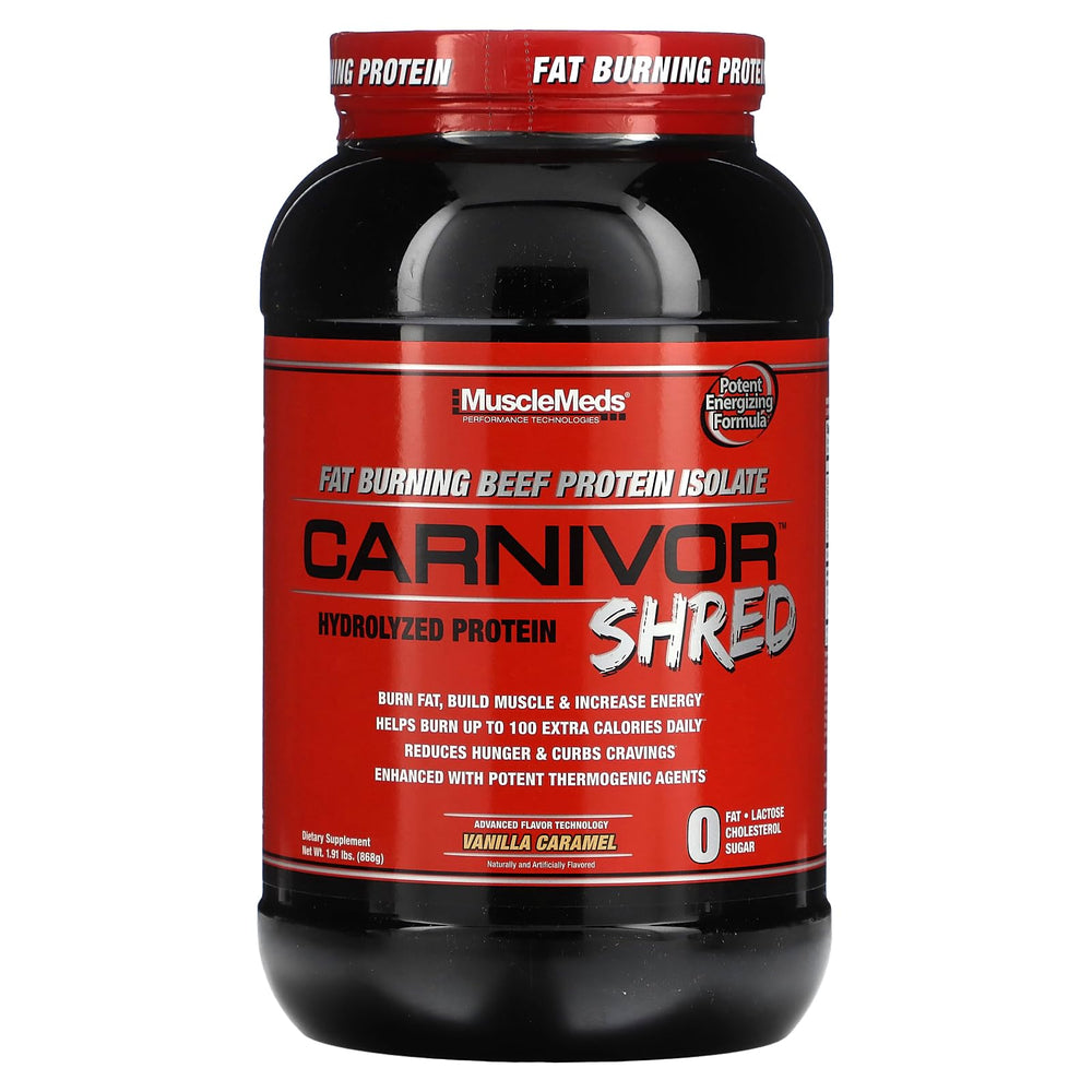 MuscleMeds Carnivor Shred beef protein bottle promoting lean muscle and fat-burning potential.