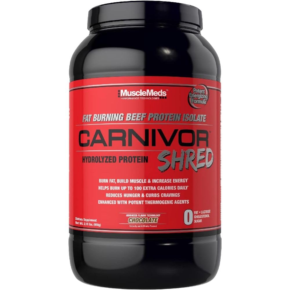 MuscleMeds Carnivor Shred bottle showing lactose-free chocolate beef protein for workouts