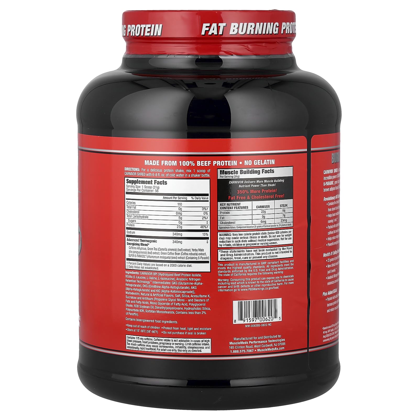 MuscleMeds Carnivor Shred tub packaging shows halal certification and lactose-free formula.
