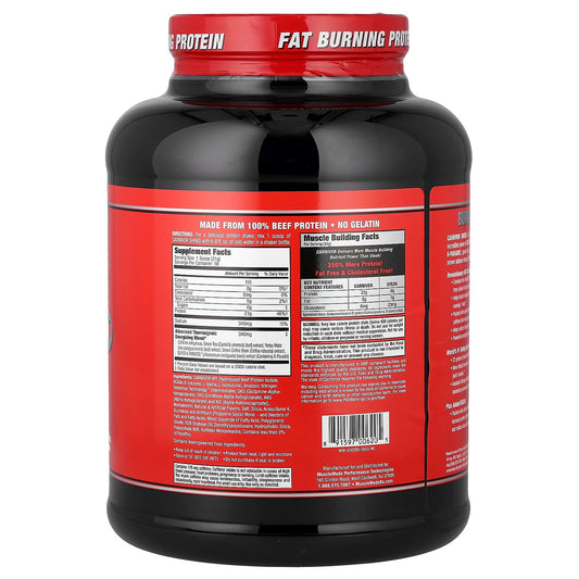 MuscleMeds Carnivor Shred tub packaging shows halal certification and lactose-free formula.