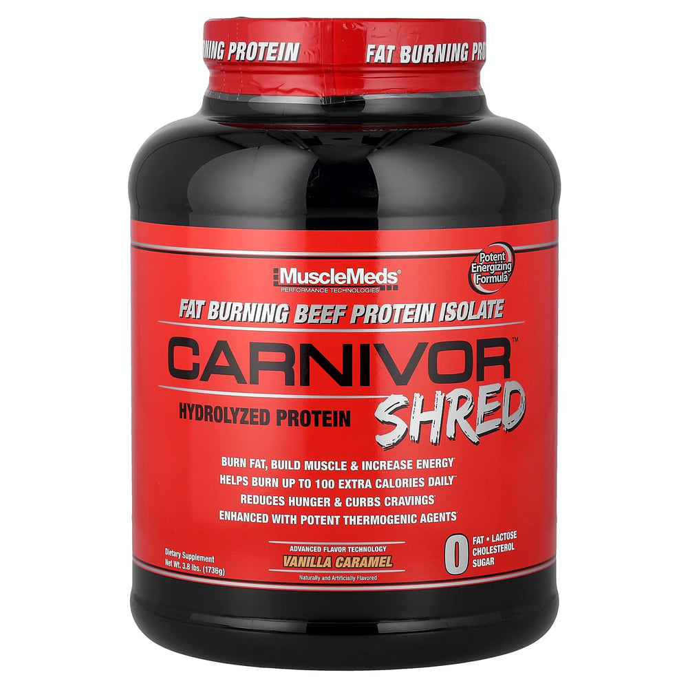 MuscleMeds Carnivor Shred vanilla caramel shake bottle for post-workout protein.