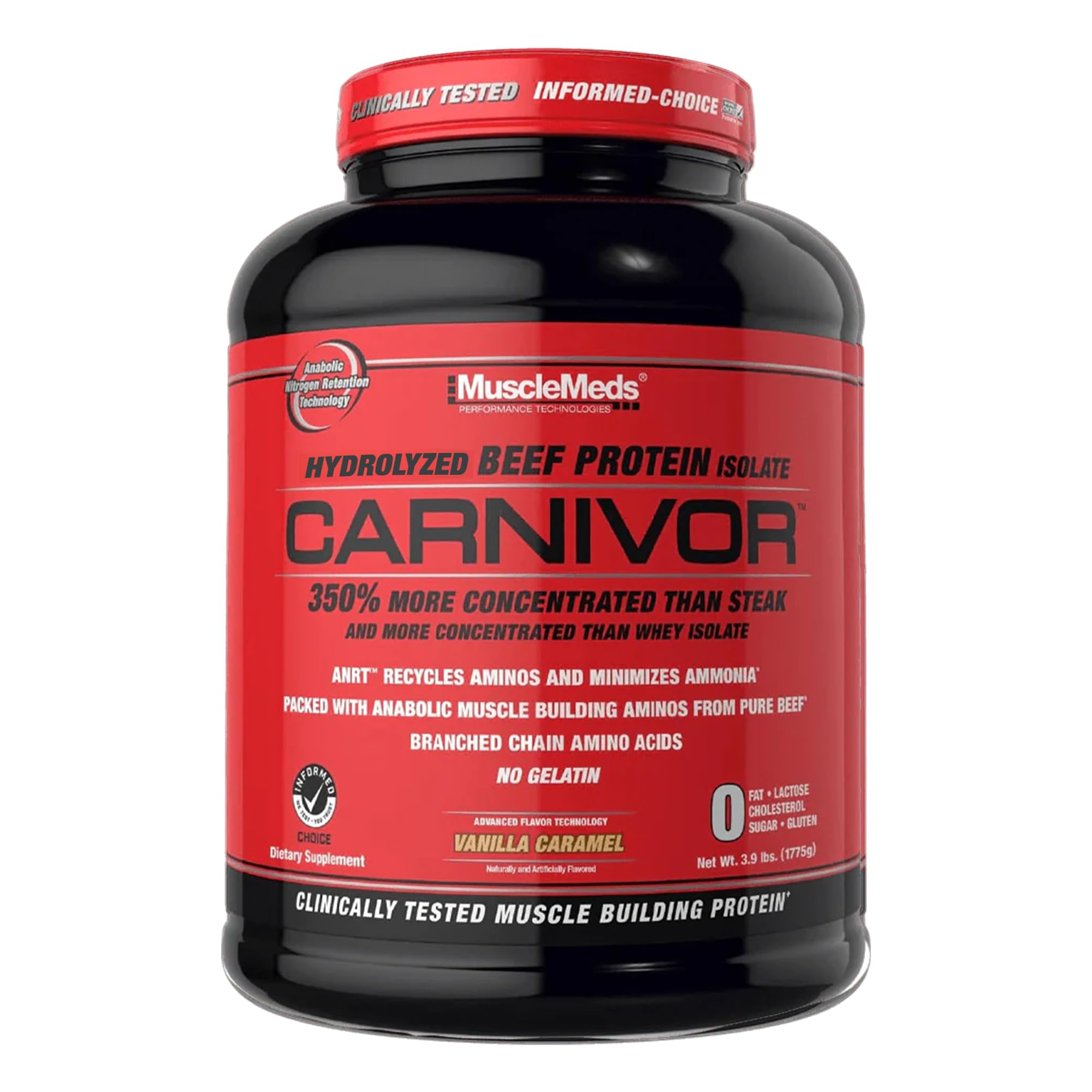 MuscleMeds Carnivor bottle with Vanilla Caramel flavor highlights beef protein isolate.