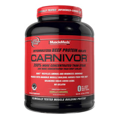 MuscleMeds Carnivor bottle with Vanilla Caramel flavor highlights beef protein isolate.