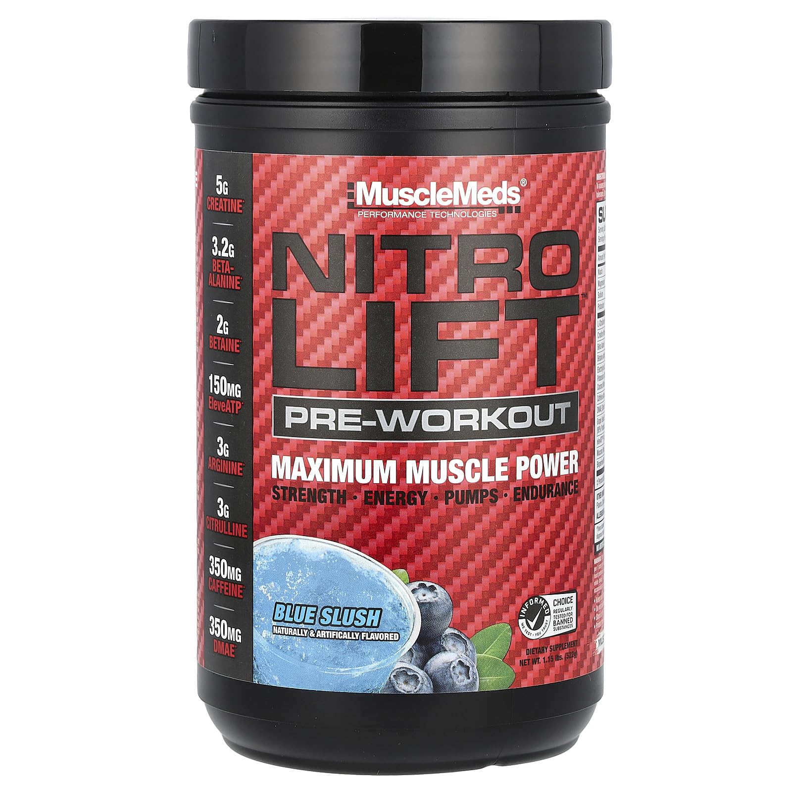 MuscleMeds Nitro Lift blue slush bottle boosts energy and focus before training
